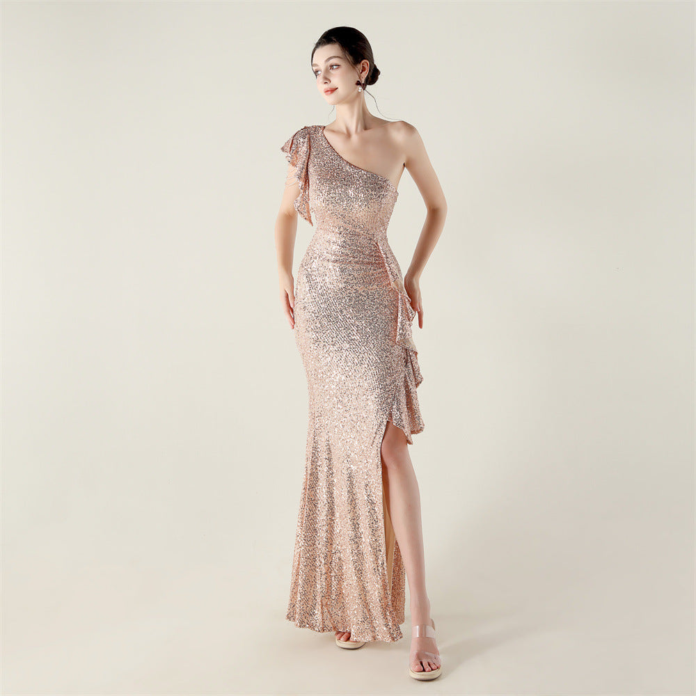One Shoulder Ruffles Embellished Beaded Chain Handmade Sequined Evening Dress Cocktail Party Wedding by Ragazza