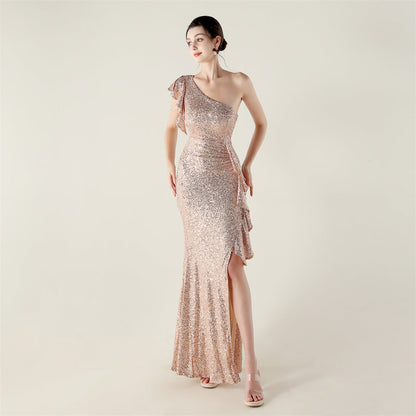 One Shoulder Ruffles Embellished Beaded Chain Handmade Sequined Evening Dress Cocktail Party Wedding by Ragazza