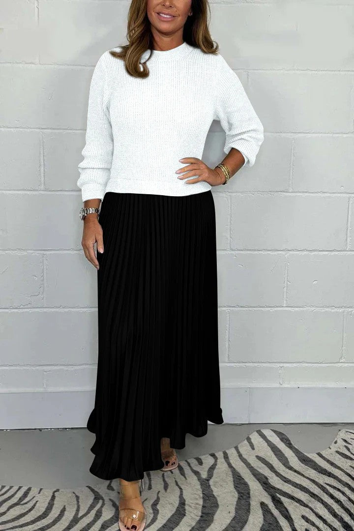 New Autumn Winter Women round Neck Top Sunken Stripe Pleated Dress by Ragazza