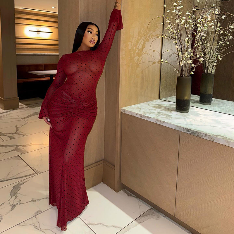 Elegant Women Clothing Pleated Print Polka Dot Slim Hip round Neck Long Sleeve Cocktail Tight Dress by Ragazza