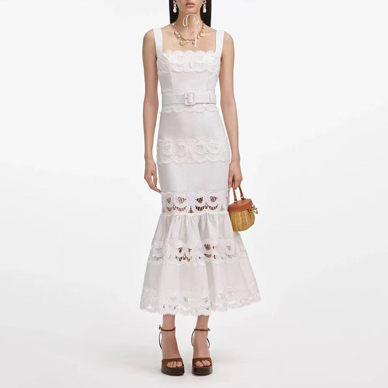 Vacation Maxi Dress Hollowed out Embroidered Strap Fishtail Design Dress Women  DestGlow