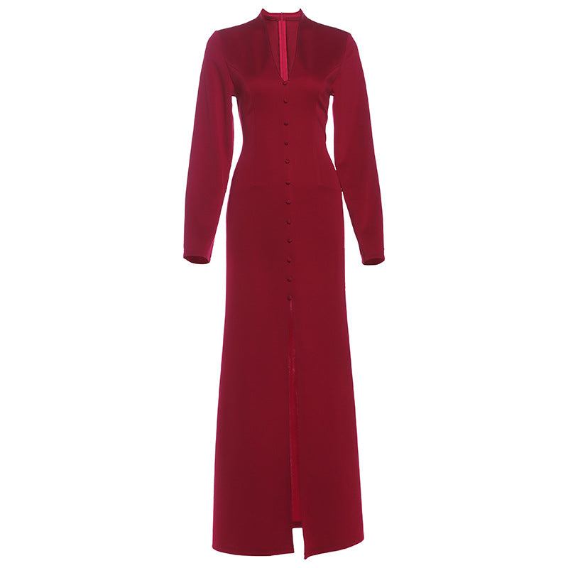 Autumn French Solid Color V neck High Waist Slim Slimming Slit Dress by Ragazza