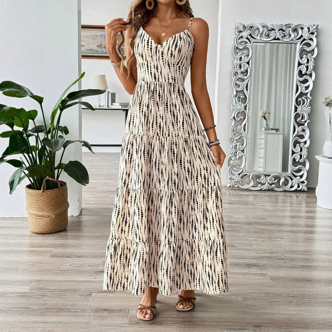 Summer Strap Backless Lace up Dress Striped Design Waist Slimming Vacation Dress  DestGlow