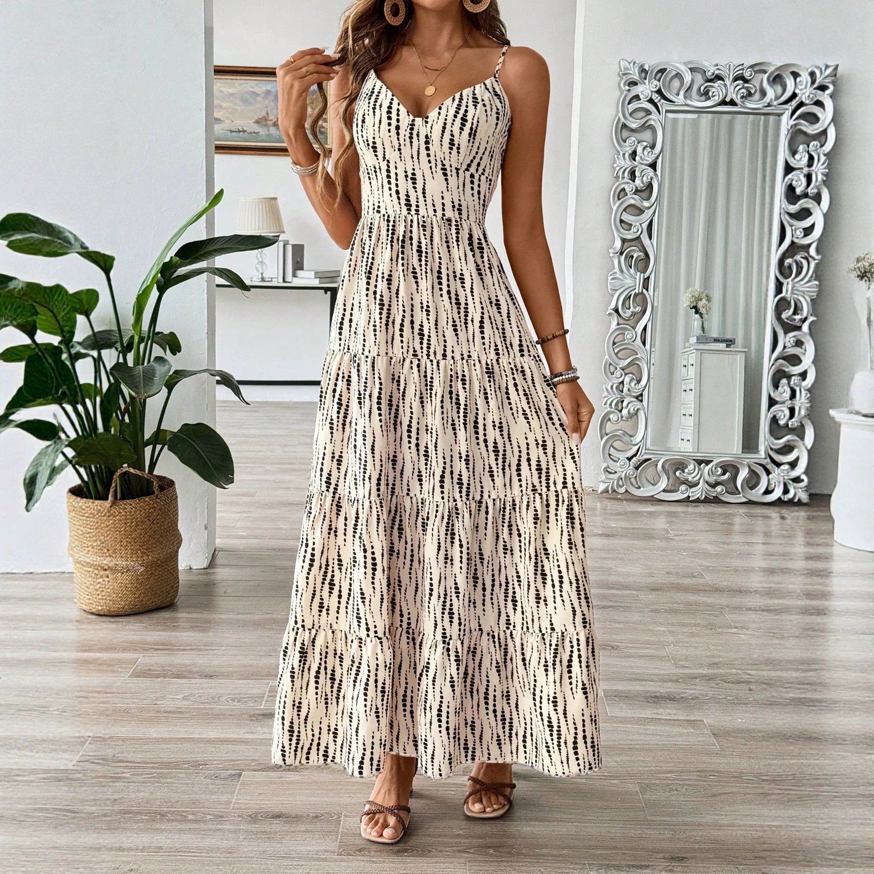Summer Strap Backless Lace up Dress Striped Design Waist Slimming Vacation Dress  DestGlow