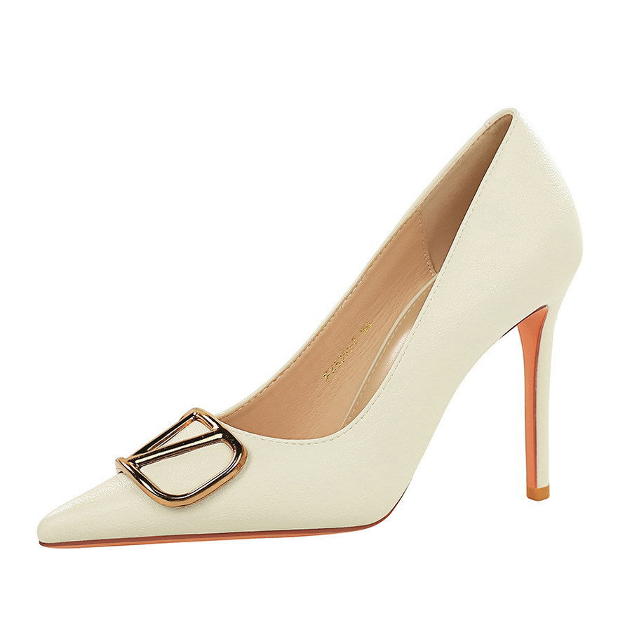 Metal V Buckle Pointed Toe Sexy Super High Heel Stiletto Heel Slip on Pana Pattern Pumps Women  DestGlow