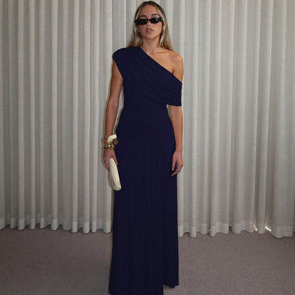 Women Clothing Spring Arrival Fashionable Sexy Diagonal Collar Pleated Asymmetrical Solid Color Dress  DestGlow