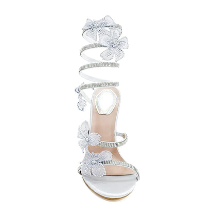 Black Gold 10cm Stiletto Heel Small round Head Rhinestone Floral High Heel Sandals Summer Heels  DestGlow