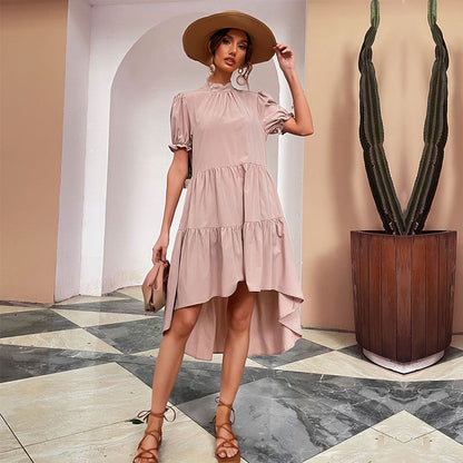 High Waist Solid Color Irregular Asymmetric Loose Pleated Dress Casual Babydoll Dress by Ragazza