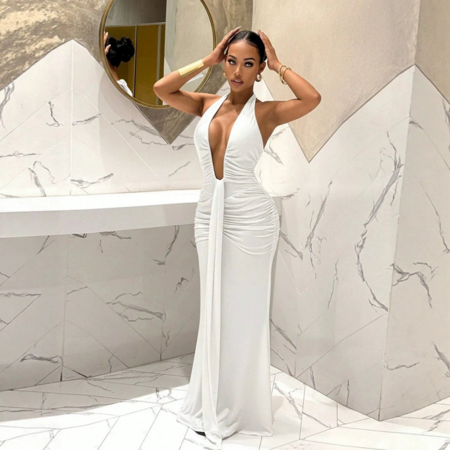 Women Halter Deep V Plunge Pleated Slim Fit Mopping Dress Slimming Sheath Fishtail Dress  DestGlow