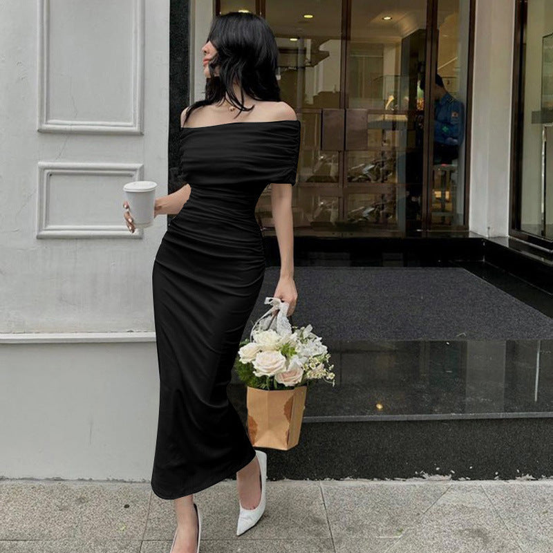 Spring Off Shoulder Pleated Dress Slim Fit Slimming Slit Bottoming Formal Dress by Ragazza