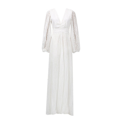 Spring Deep V Plunge neck Lantern Sleeve Maxi Dress Tight Waist Slimming Pleated Design Dress for Women by Ragazza