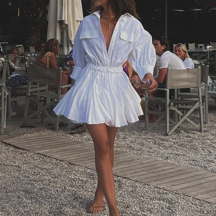 Women Clothing Casual Short A line Dress Cotton Collared 3/4 Sleeve French Shirt Dress by Ragazza