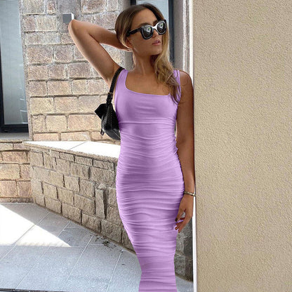Summer Sexy Women Wear Solid Color Tight Backless Sleeveless Pleated Dress by Ragazza