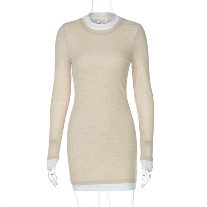 Women Clothing Autumn Crew Neck Long Sleeve Color Matching Slim Hip Bag Dress by Ragazza