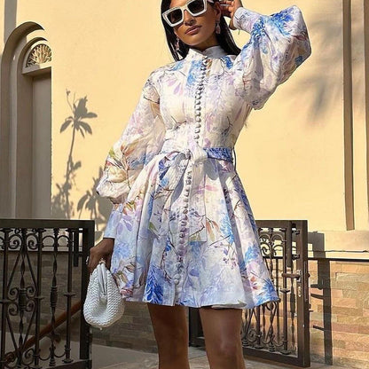 Retro French Printed Dress Women Clothing Spring Autumn Stand up Collar Puff Sleeve Lace up Floral by Ragazza