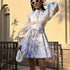 Retro French Printed Dress Women Clothing Spring Autumn Stand up Collar Puff Sleeve Lace up Floral by Ragazza