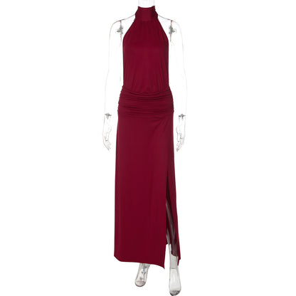 Women Clothing Summer Solid Color Tied Halter Dress Sexy Backless Slit Slim Dress by Ragazza