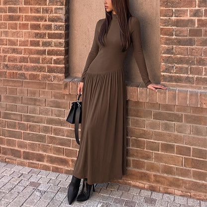 Casual Laid Back Solid Color Half Collar Stitching Long Sleeve Dress  DestGlow