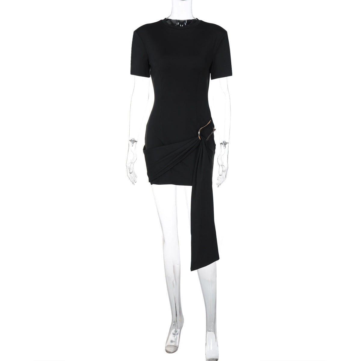 Women Clothing Spring Metal Buckle Decoration round Neck Half Sleeve Short Dress by Ragazza
