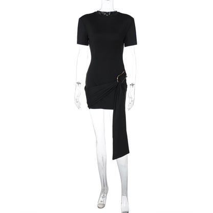 Women Clothing Spring Metal Buckle Decoration round Neck Half Sleeve Short Dress by Ragazza