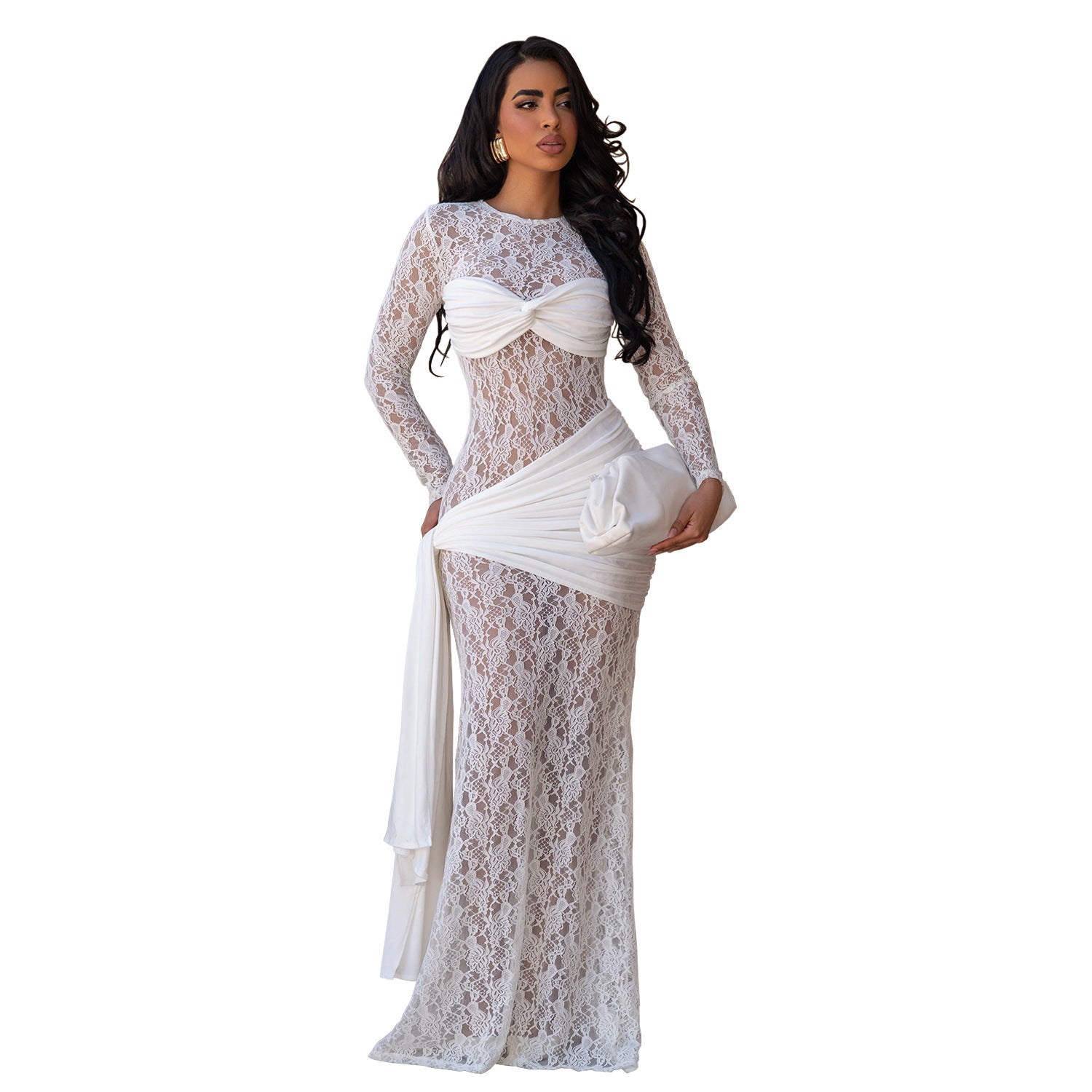 Women Wear Sexy round Neck Lace Slim Fit Long Sleeved Dress  DestGlow
