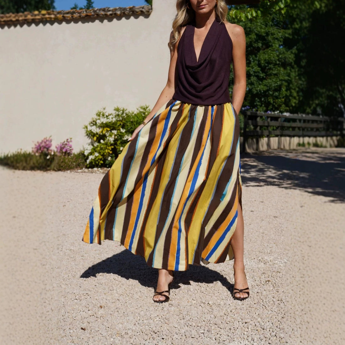 Skirt Color Striped Printing Slit Hemline at Hem Elegant Women Skirt by Ragazza