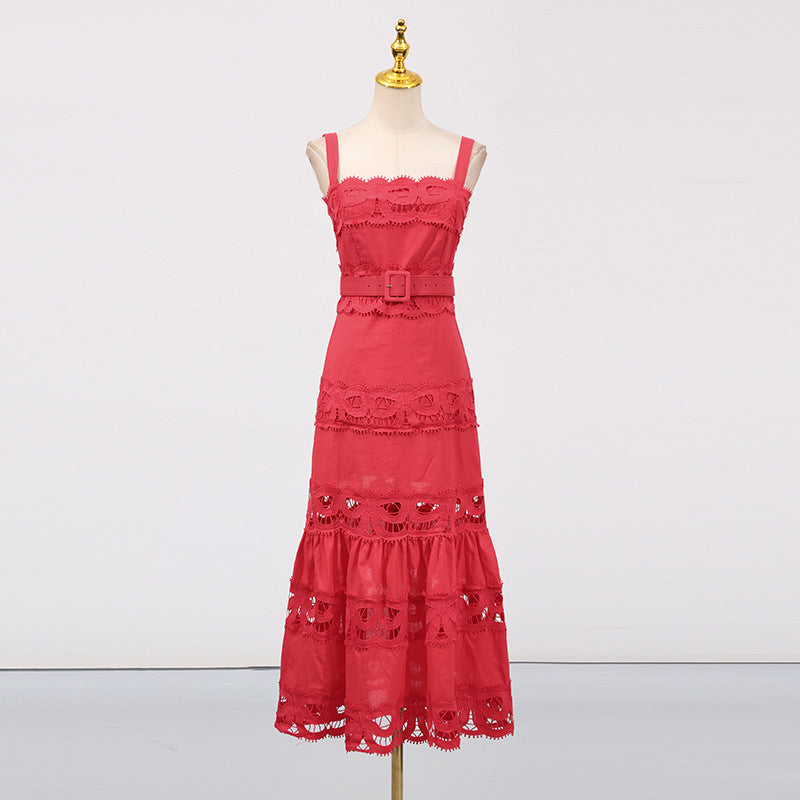 Vacation Maxi Dress Hollowed out Embroidered Strap Fishtail Design Dress Women  DestGlow