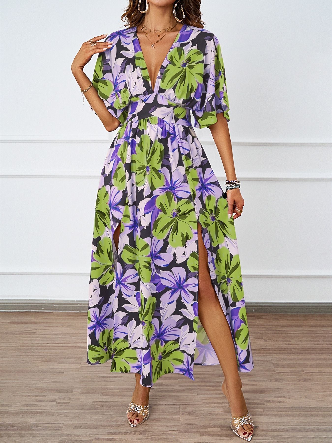 Summer Floral Print Maxi Dress Elastic Band Waist Tight Big V neck Short Sleeve Dress for Women by Ragazza