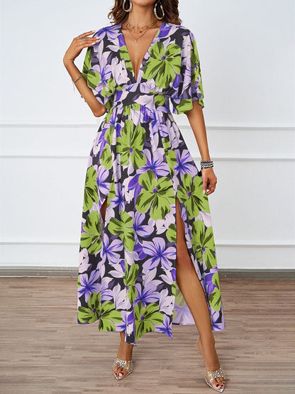 Summer Floral Print Maxi Dress Elastic Band Waist Tight Big V neck Short Sleeve Dress for Women by Ragazza