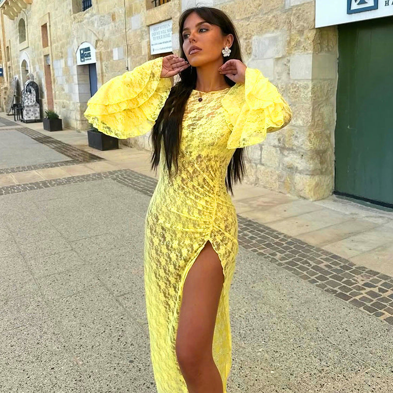 Women Clothing Autumn Sexy Lace Flared Sleeve Slit Dress by Ragazza
