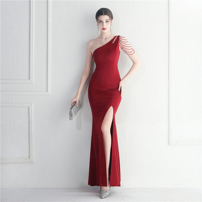 Craft Beaded One Shoulder Diagonal Collar Split Maxi Dress Performance Dinner Dress by Ragazza