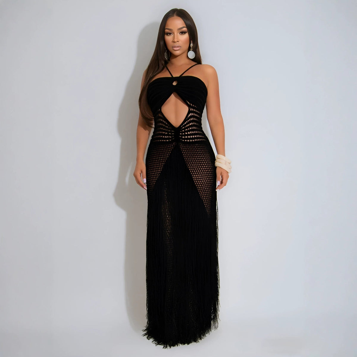 Hollow Out Cutout Bikini Cover Sexy Waist Drawstring Tassel Knitted Beach Dress for Women  DestGlow