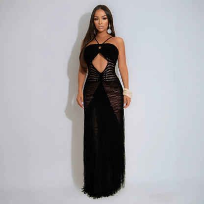Hollow Out Cutout Bikini Cover Sexy Waist Drawstring Tassel Knitted Beach Dress for Women  DestGlow