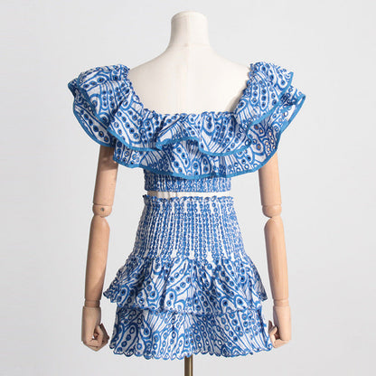Summer French Wooden Ear Short Top High Waist Cake Layer Skirt Sexy Two Piece Suit Suit by Ragazza