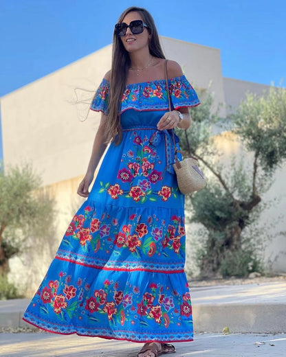 Spring Summer off Shoulder Red Floral Printed Long Large Hem Dress by Ragazza