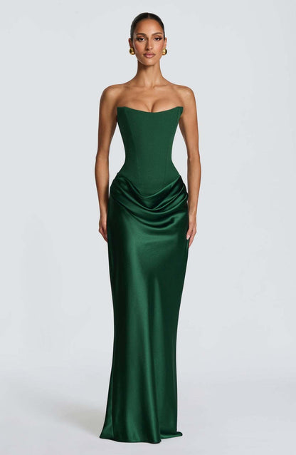 Solid Color Waist Tight Sexy Tube Top Package Hip Maxi Dress Satin Lace up Ribbon Dress  DestGlow