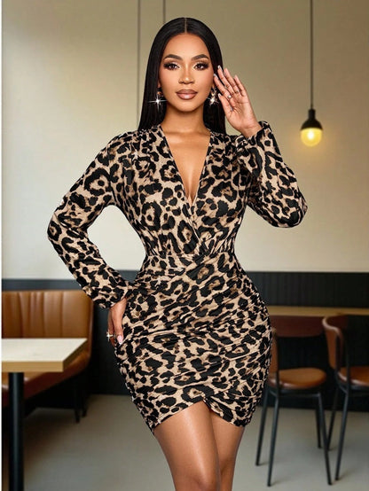 Women Clothing Autumn Winter Leopard Print Long Sleeve Dress Sexy Printed Satin Dress by Ragazza