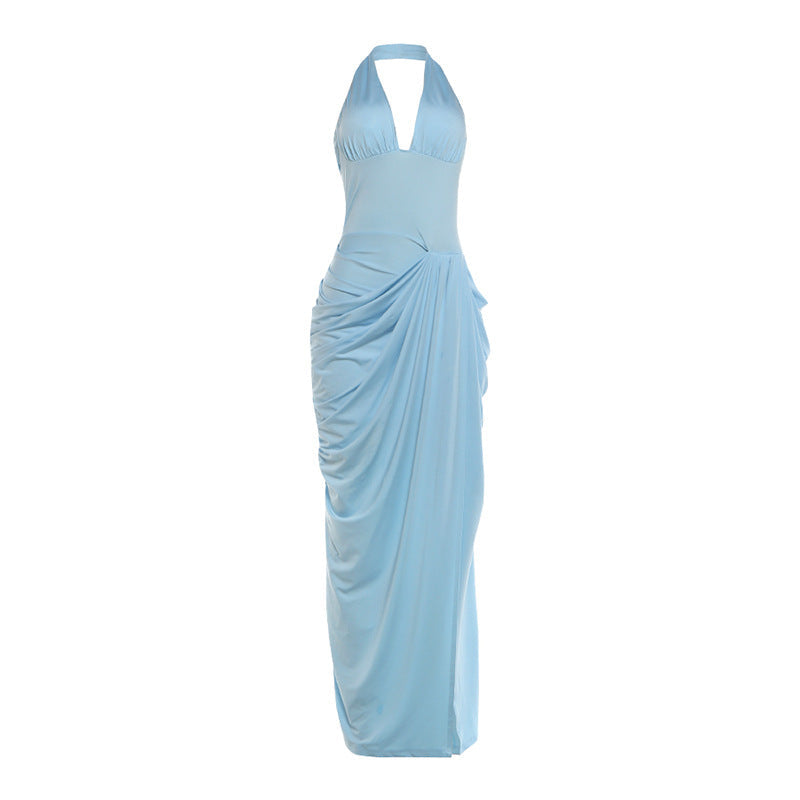 Summer Women Clothing Fashionable Halter Backless Pure Pleated Wrinkle High Sensitive Open Fork Hip Wrapped Dress  DestGlow