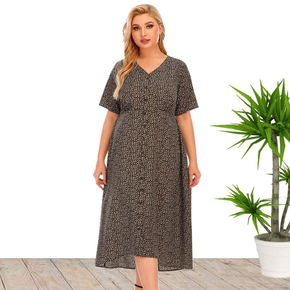 Plus Size Women Summer Short Sleeve Printed Button Pocket Dress by Ragazza