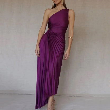 Women Clothing One Shoulder Diagonal Collar Pleated Hollow Out Cutout Dress by Ragazza