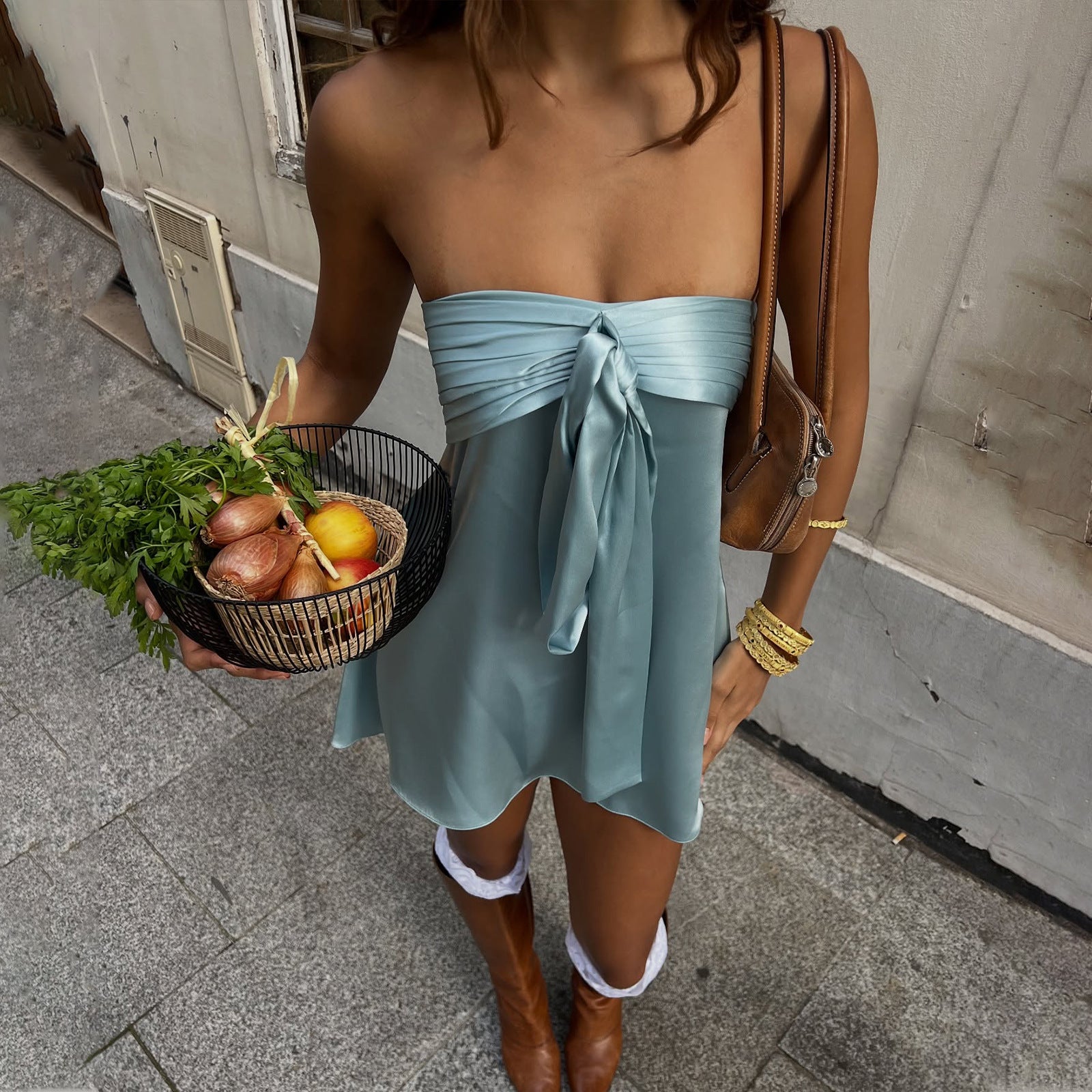 Women Clothing Spring Sexy Street Satin Tube Top Strap Solid Color Sleeveless Dress by Ragazza