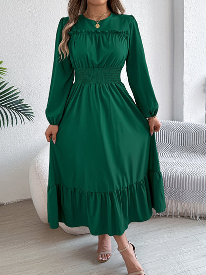 Autumn Winter Solid Color Elegant Wooden Ear Cinched Pleated Maxi Dress Women Clothing by Ragazza