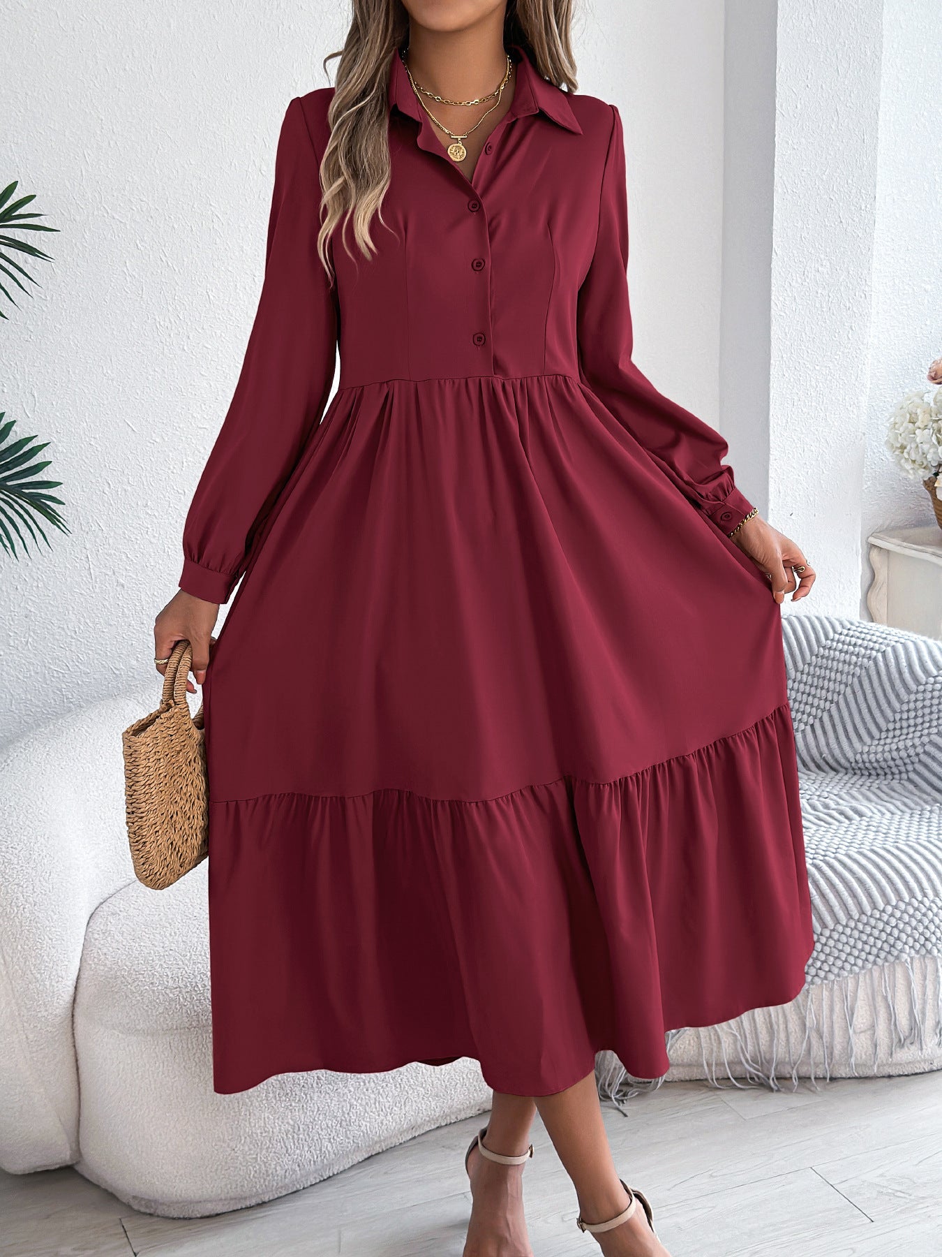 Autumn Winter Collared Casual Loose Long Sleeve Ruffled Shirt Dress Women Clothing by Ragazza