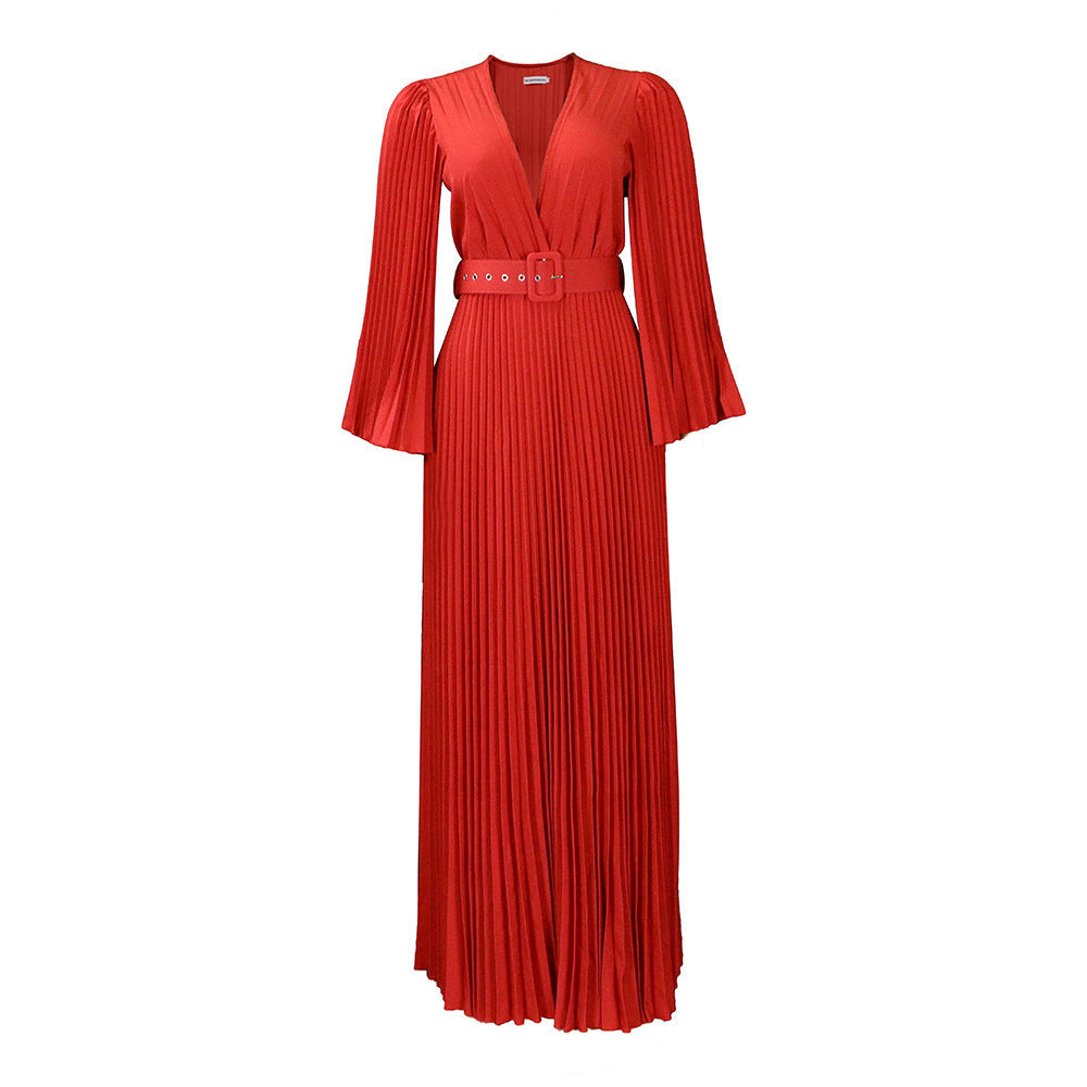 Women Clothing V neck Sexy Pleated Formal Swing Dress Maxi Dress by Ragazza