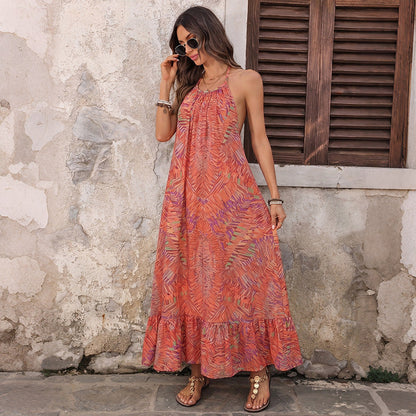 Ethnic Vacation Printed Halter Backless Loose Dress  DestGlow