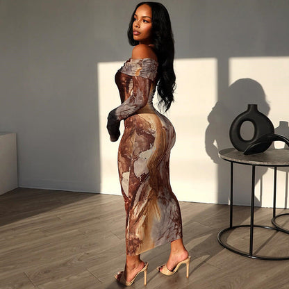 Women Clothing Vintage Print Sexy Off The Shoulder Long Sleeve One Step Dress Dress by Ragazza