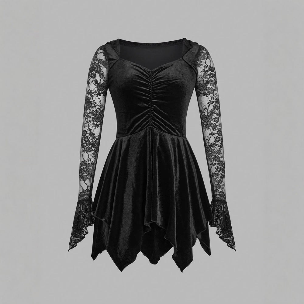 Gothic Vintage Lace Stitching Women Dress Gothic Bandage Ladies Long Sleeve Velvet Dress by Ragazza