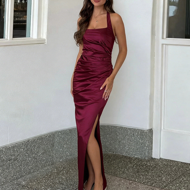 Retro Wine Red Summer Slim Fit Sexy Waist Square Collar Dress  DestGlow