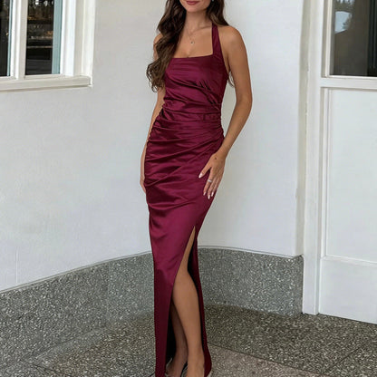 Retro Wine Red Summer Slim Fit Sexy Waist Square Collar Dress  DestGlow