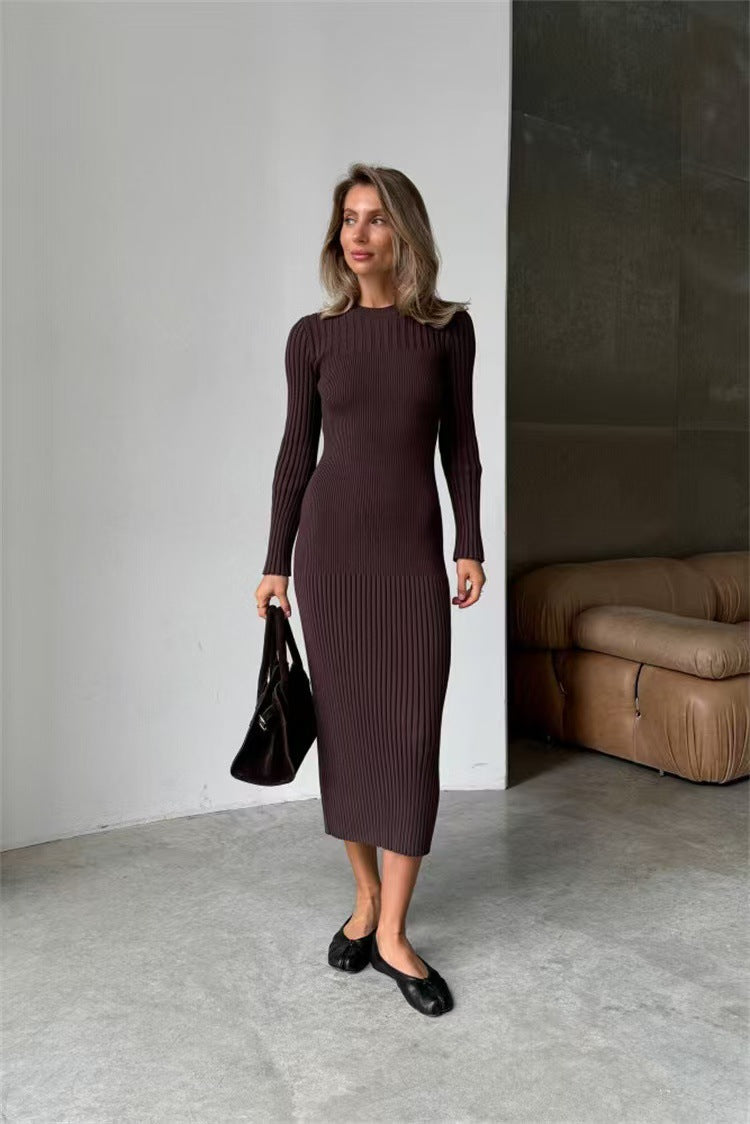 Long Sleeve Fall Winter Sweater Dress Women Knitted round Neck Sunken Stripe Solid Color Tight Dress Women by Ragazza